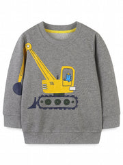 Cartoon Cat Excavator Print Boys Crew Neck Sweatshirt