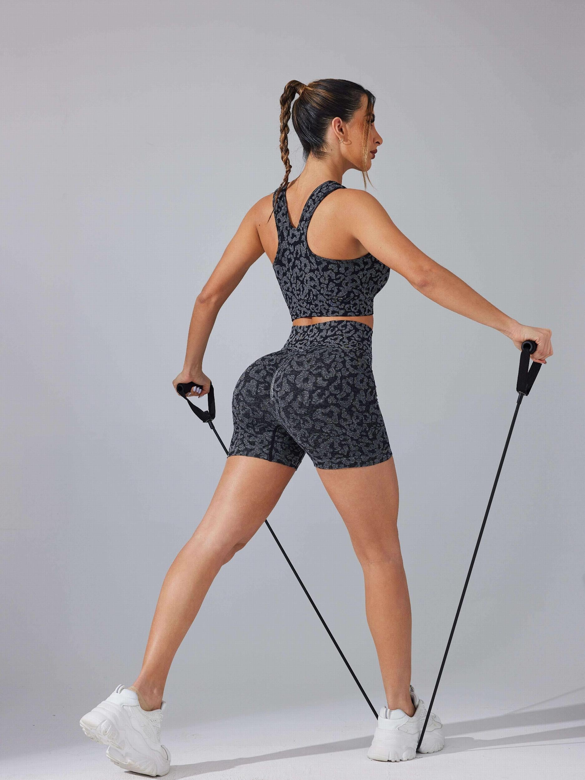 Leopard Print Sports Set Crop Top & High Waist Leggings Women's Activewear