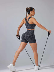 Leopard Print Sports Set Crop Top & High Waist Leggings Women's Activewear
