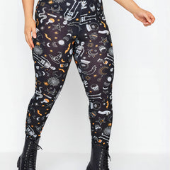 Skull & Bat Print High Rise Sports Leggings for Plus Size Women