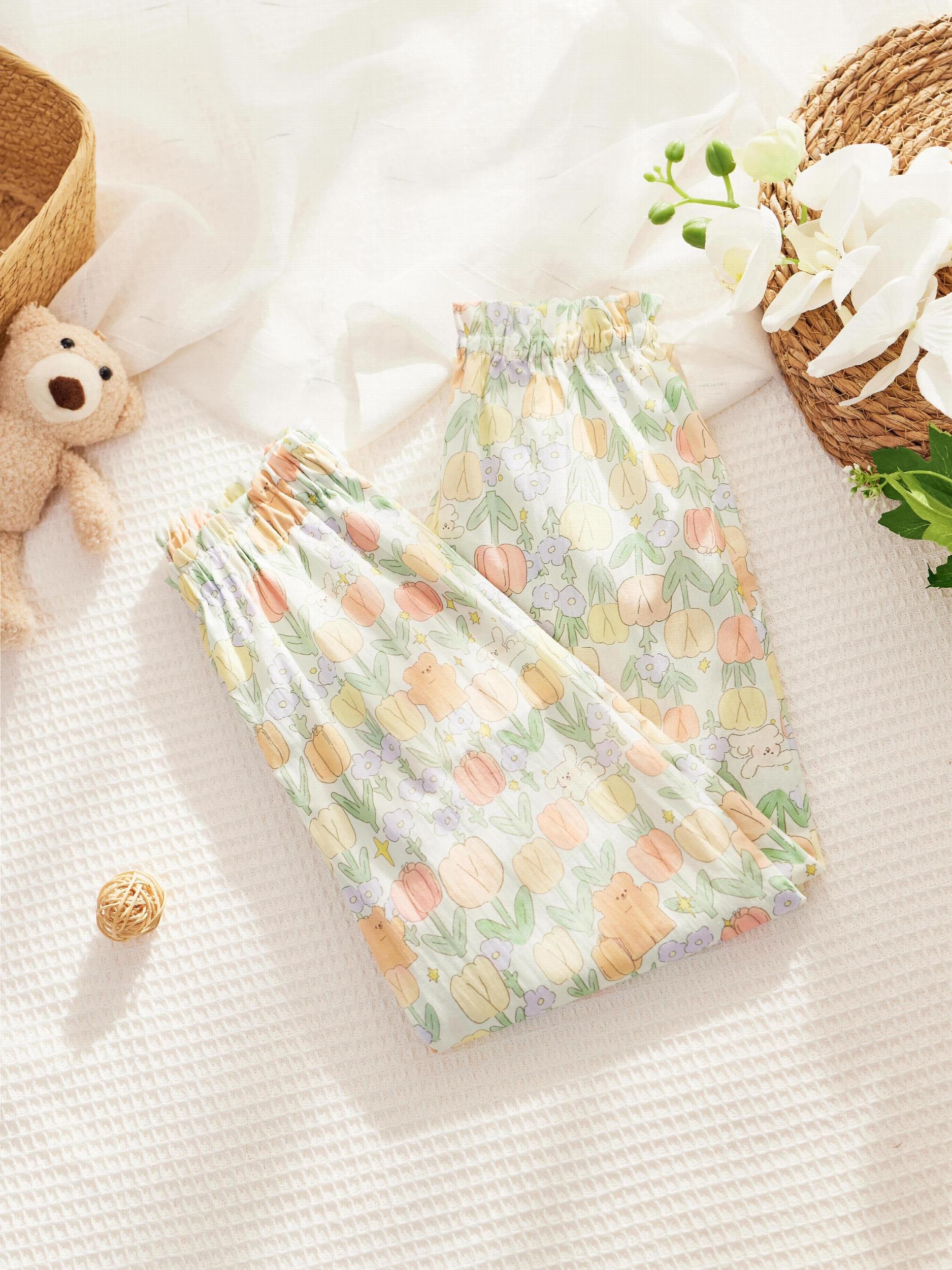 Tulip Floral Print Jogger For Girls Elastic Waist Casual Sweatpants