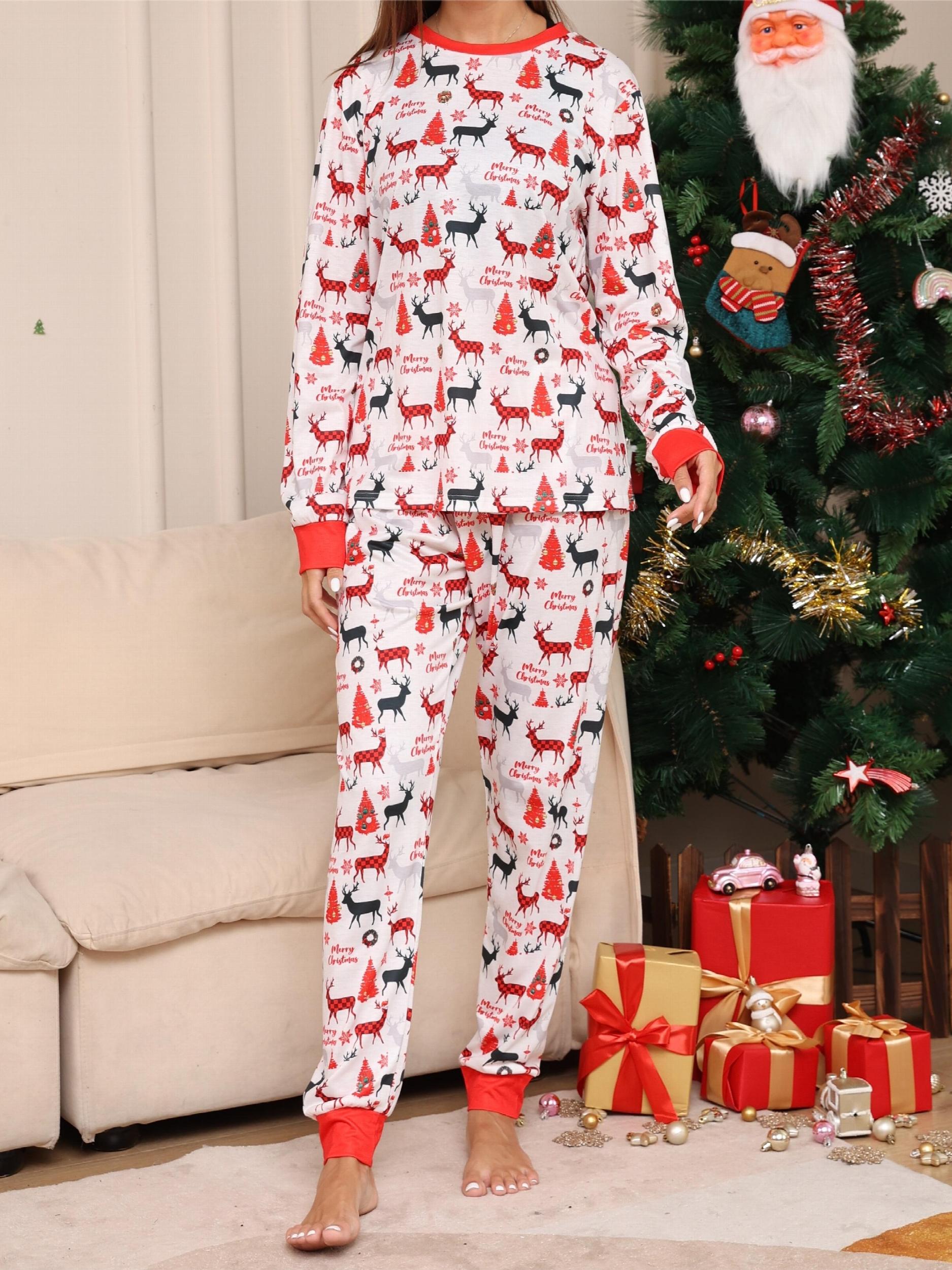 Christmas Pajama Set Women's Plus Elk & Snowflake Print Tee & Joggers