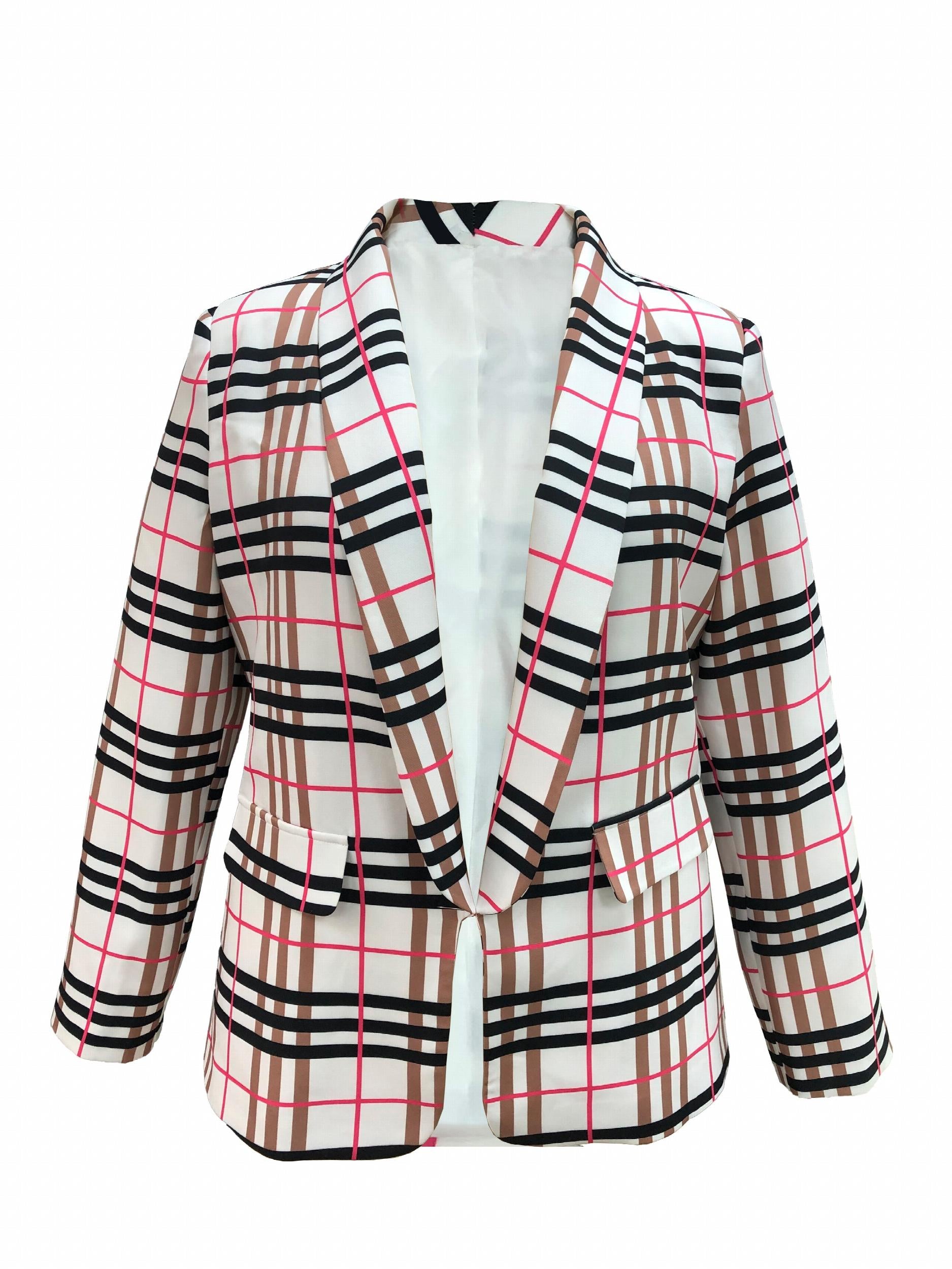 Women's Plus Plaid Print Long Sleeve Blazer