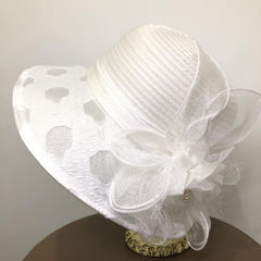 Embossed Organza Sun Hat Wide Brim Derby Hat Mesh Flower Decor
