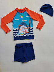 Boys Shark Print Swimming Suit Trunks & Tops & Cap Short Sleeves