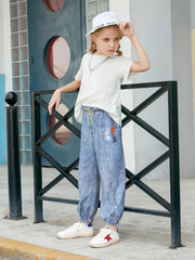 Kids Faux Denim Cotton Trousers Soft Washed Non-fading