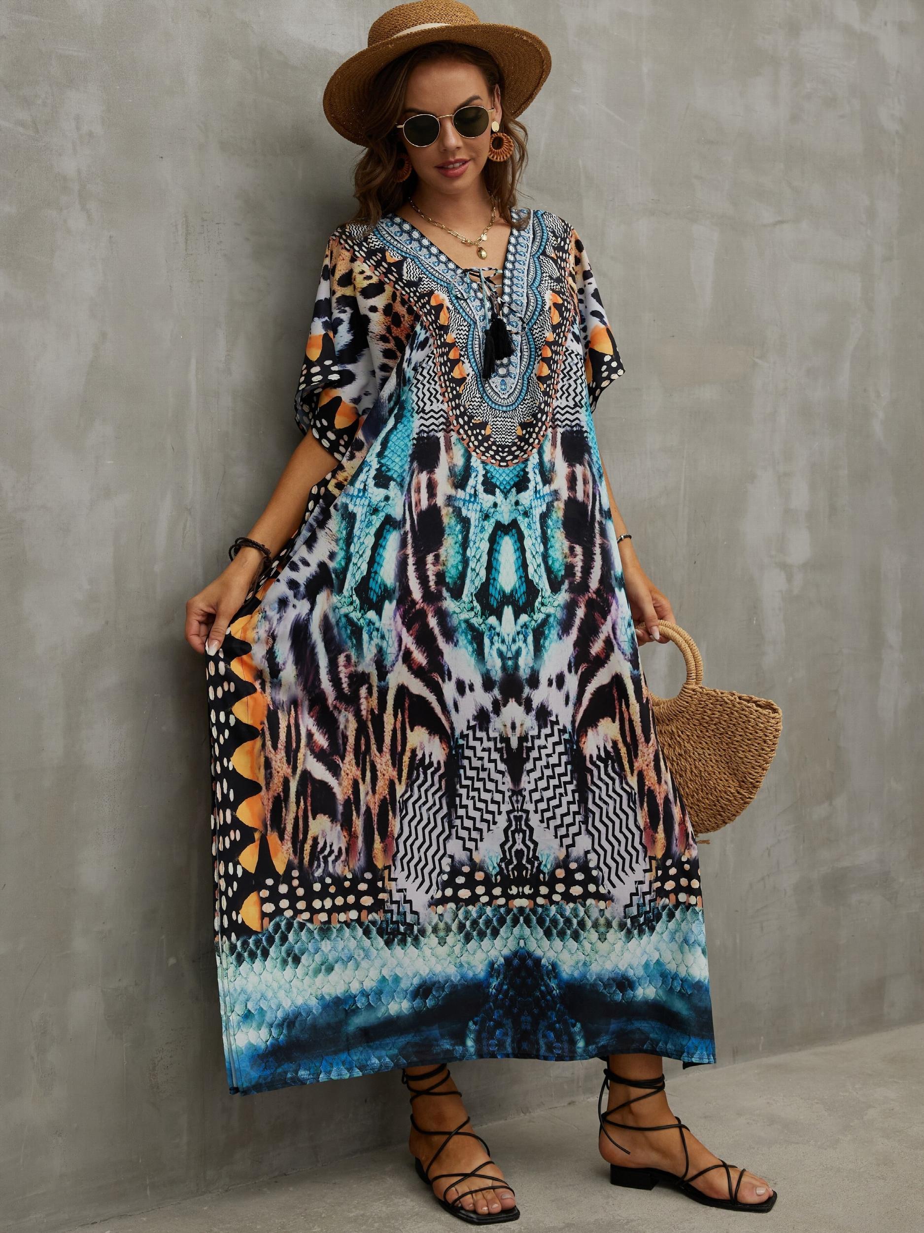 Boho Cover Up Dress Women's Plus Animal Skin Print Tassel Decor