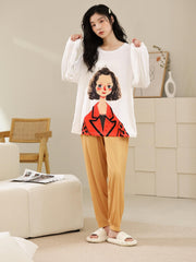 Cartoon Print Pajama Set Crew Neck Top & Pants