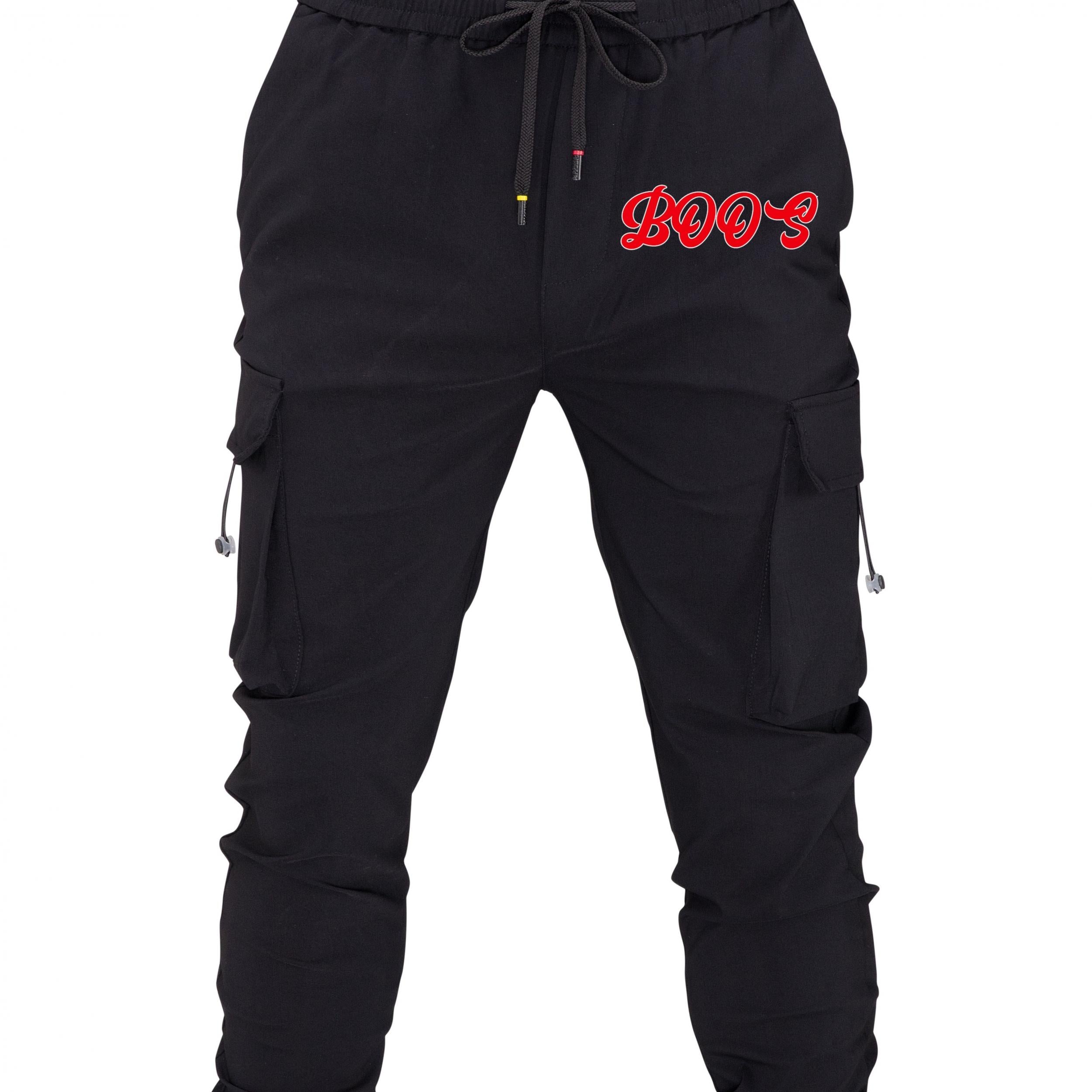 Retro Boos Letter Print Cargo Pants Men's Casual Loose Fit