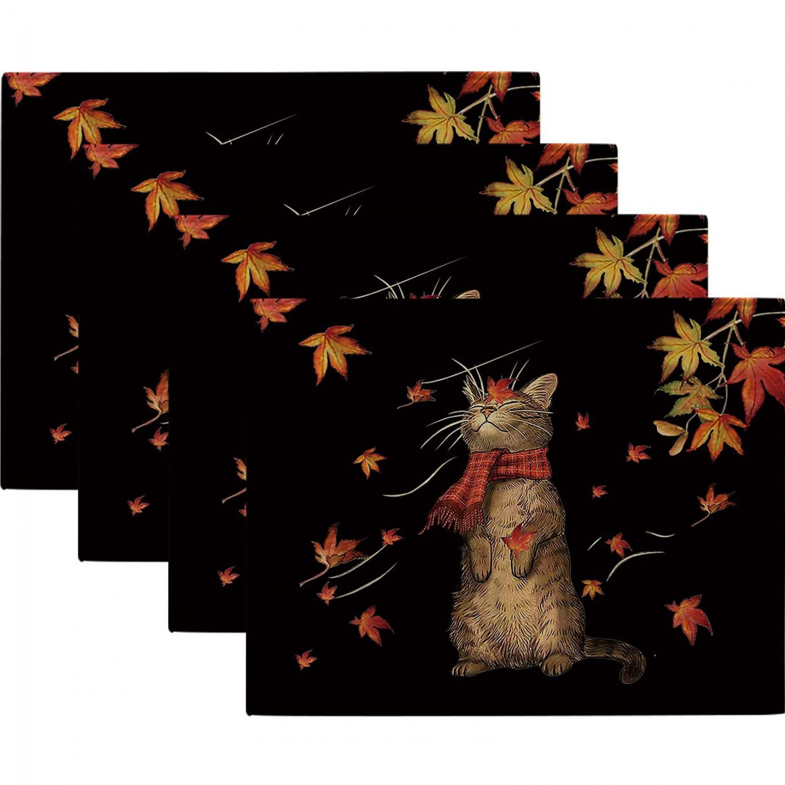4pcs Fall Series Placemats Cat Maple Leaf Table Cover