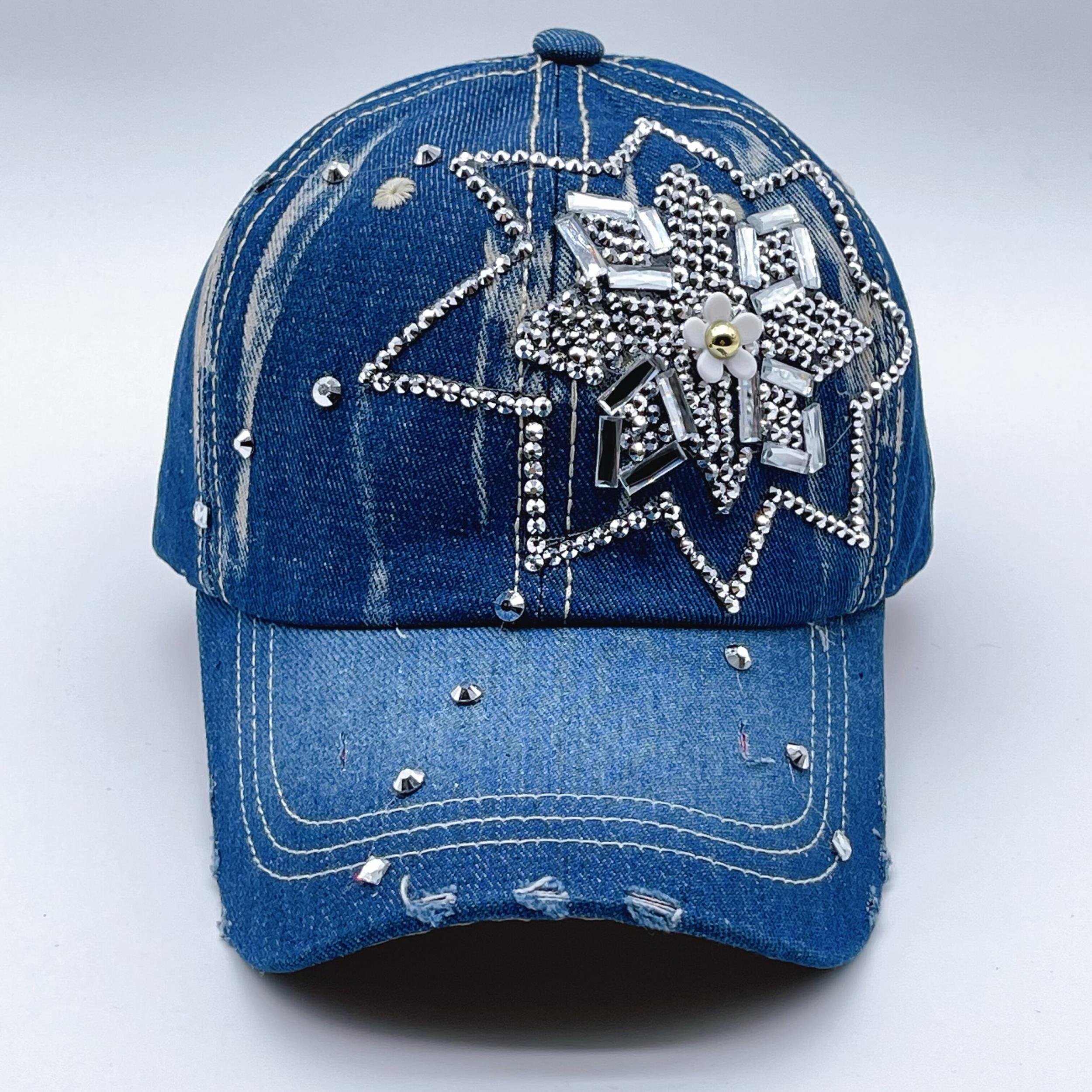 Rhinestone Flower Decor Baseball Cap Washed Distressed Denim Sun Hat