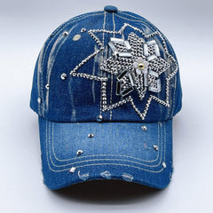 Rhinestone Flower Decor Baseball Cap Washed Distressed Denim Sun Hat