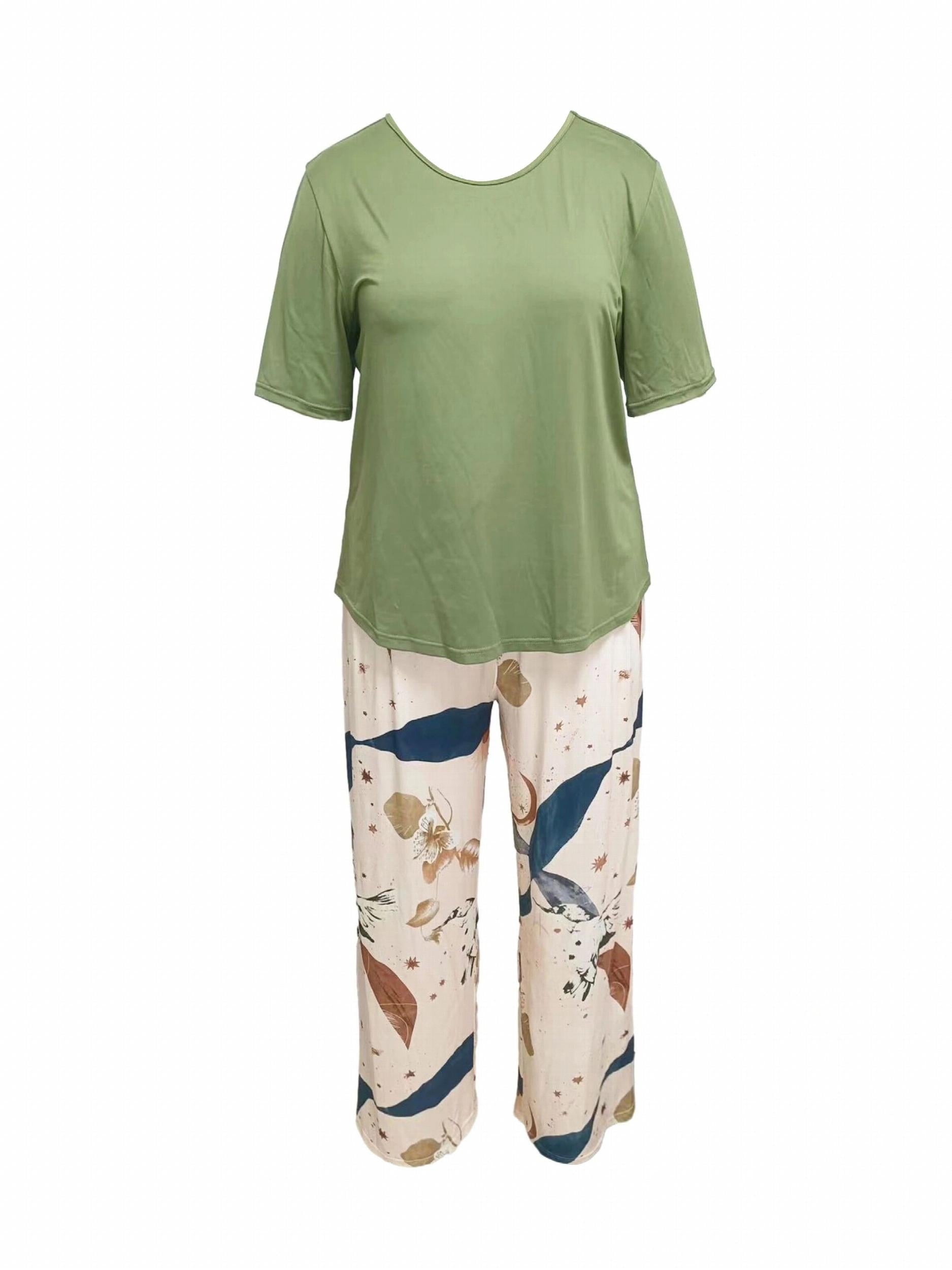 Floral Print Lounge Set Short Sleeve Top & Lace Up Pants Women's Loungewear