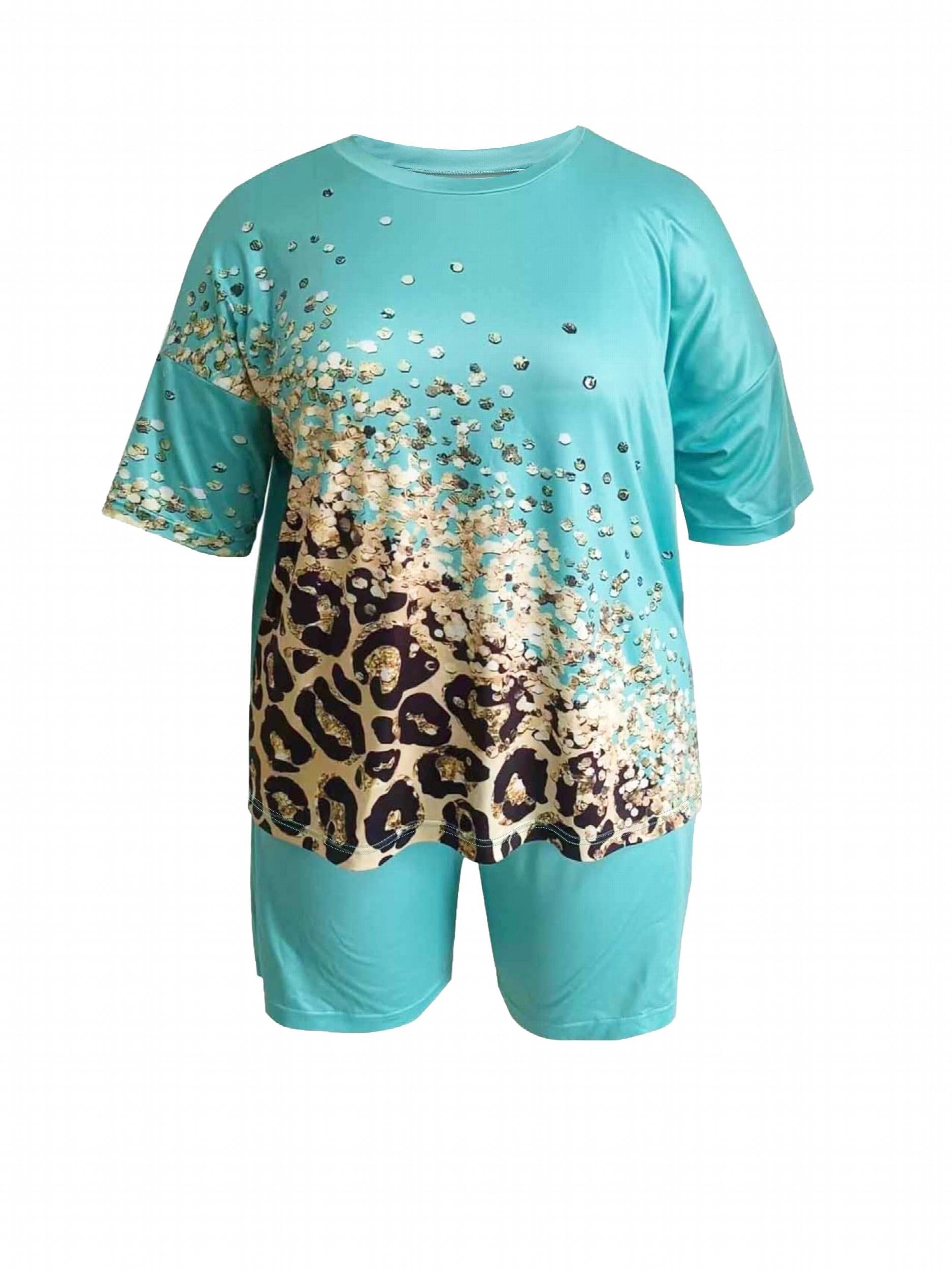 Glitter Leopard Print 2 Piece Set Round Neck Top & Shorts