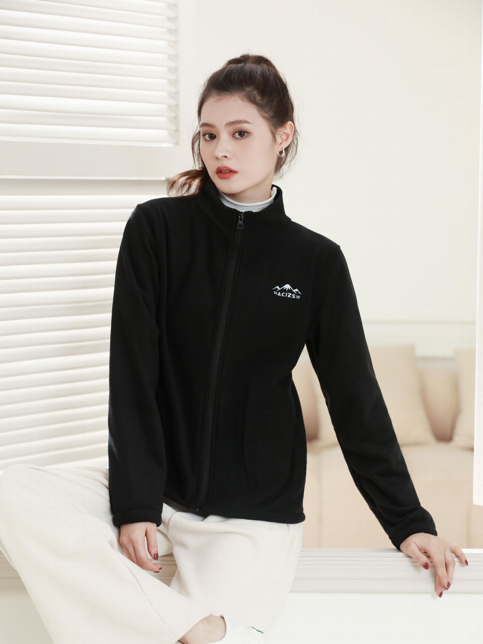 Solid Fleece Casual Jacket Stand Collar Full Zip