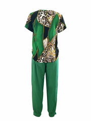Leopard Colorblock Two piece Set V Neck T shirt & Pleated Pants
