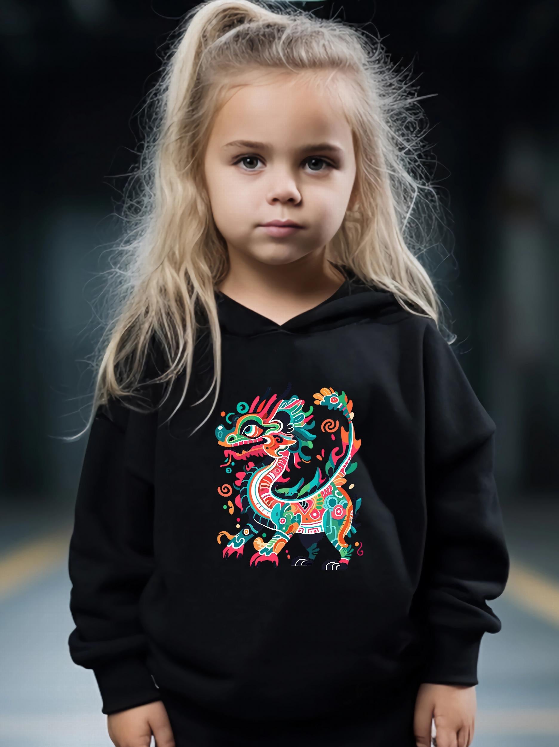 Kid's Chinese Dragon Print Hoodie & Pants Set Girl's Sporty Clothes