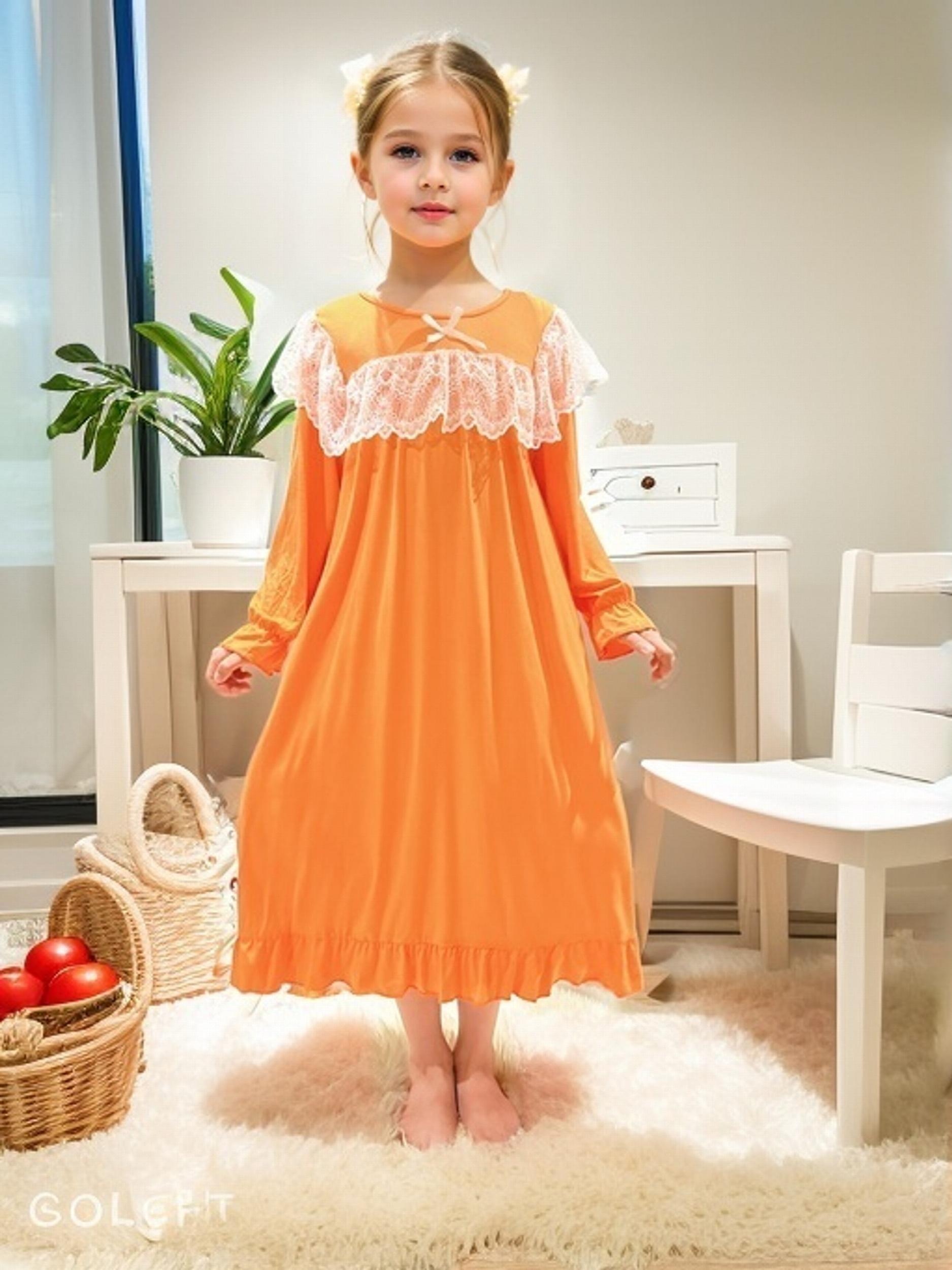 Girls Lace Up Neck Ruffle Pajamas Robe Kids Nightdress