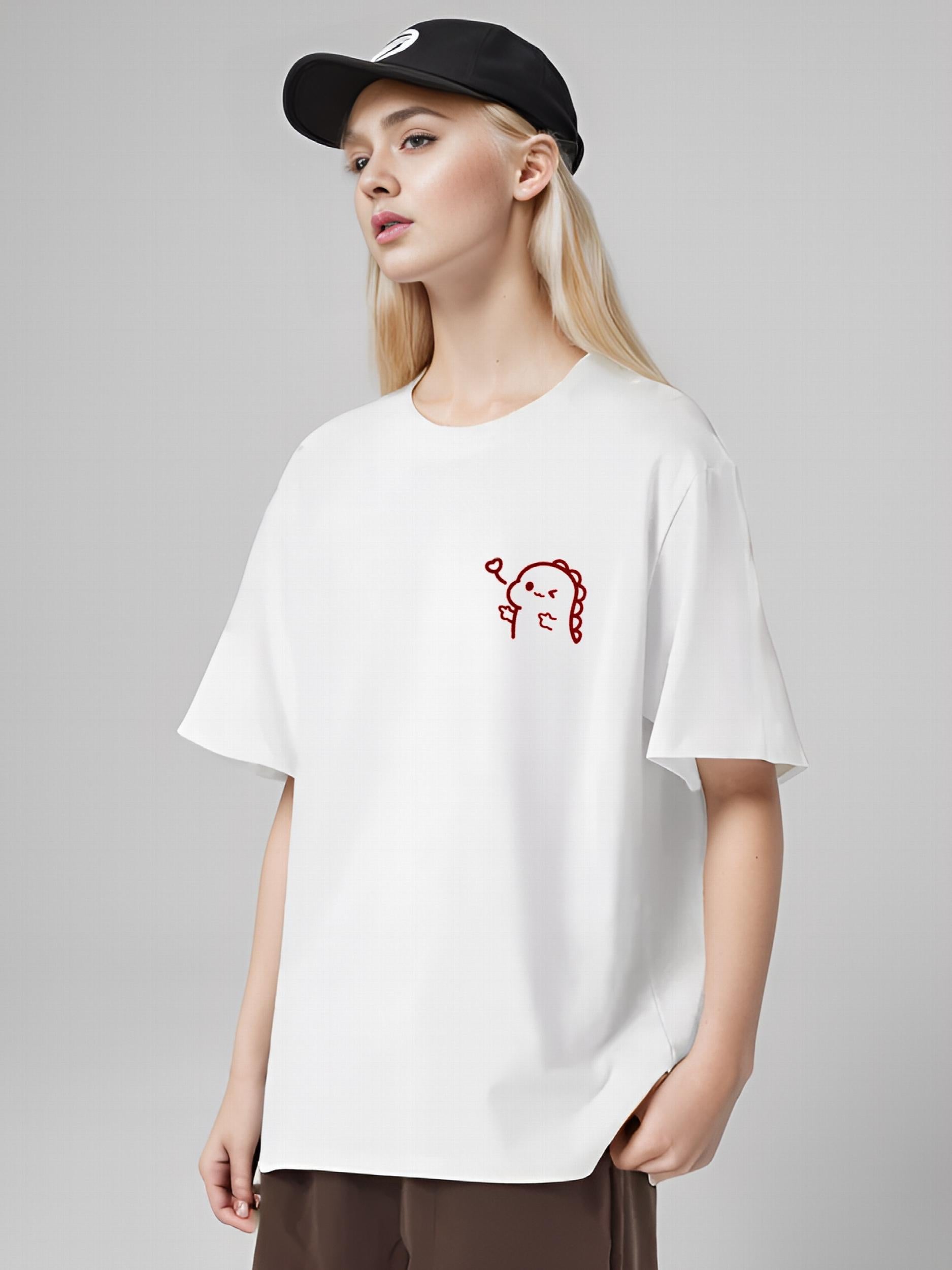 Dinosaur Pattern Print Casual Short Sleeve Top Round Neck Running Sports T shirt