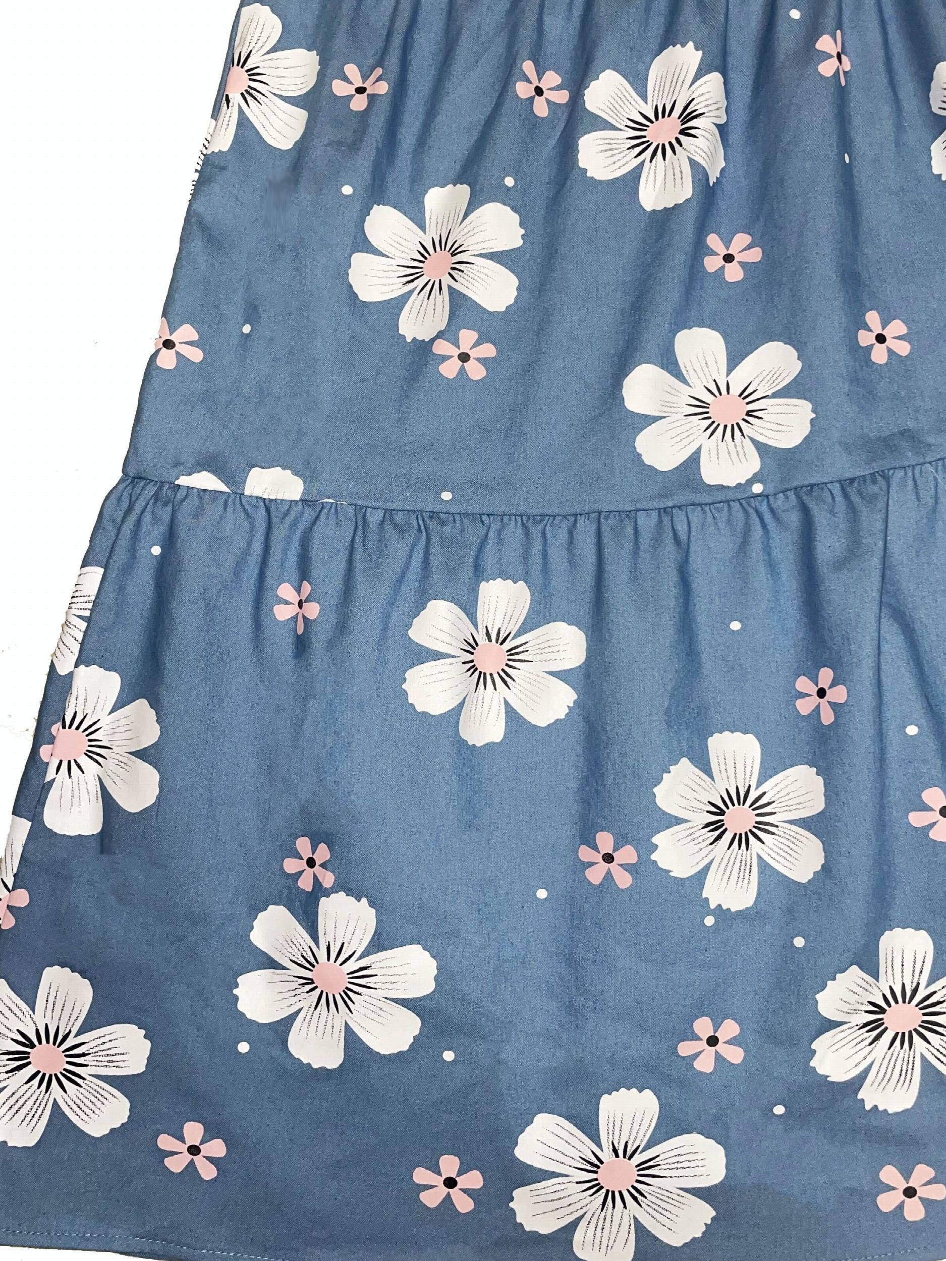 Floral & Denim Print Short Sleeve Button Front Smock Dress