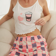 Heart Print Pajama Set Crew Neck Cami Top & Plaid Shorts
