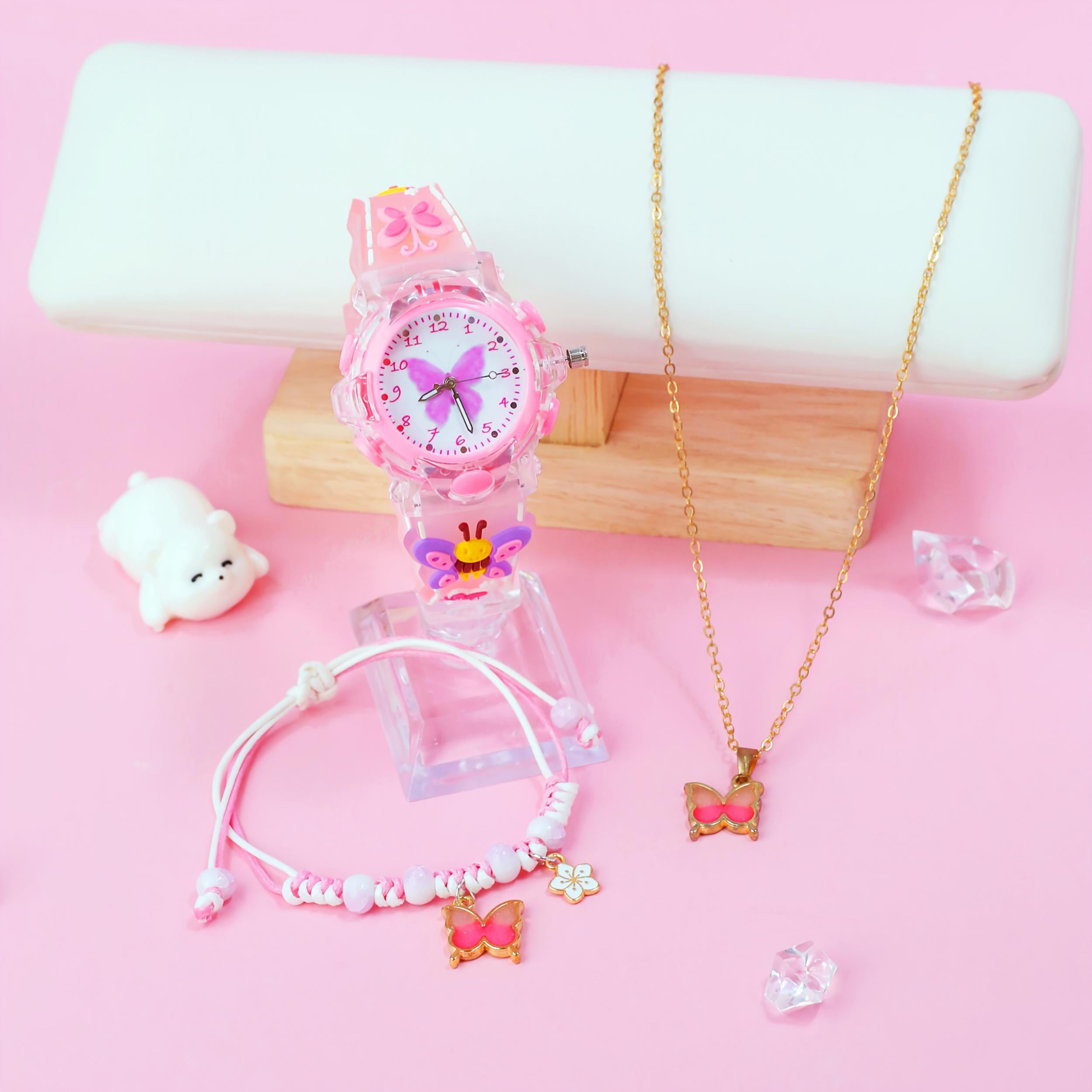 Girls' Glowing LED Night Light Watch & Jewelry Set Pastel Pink