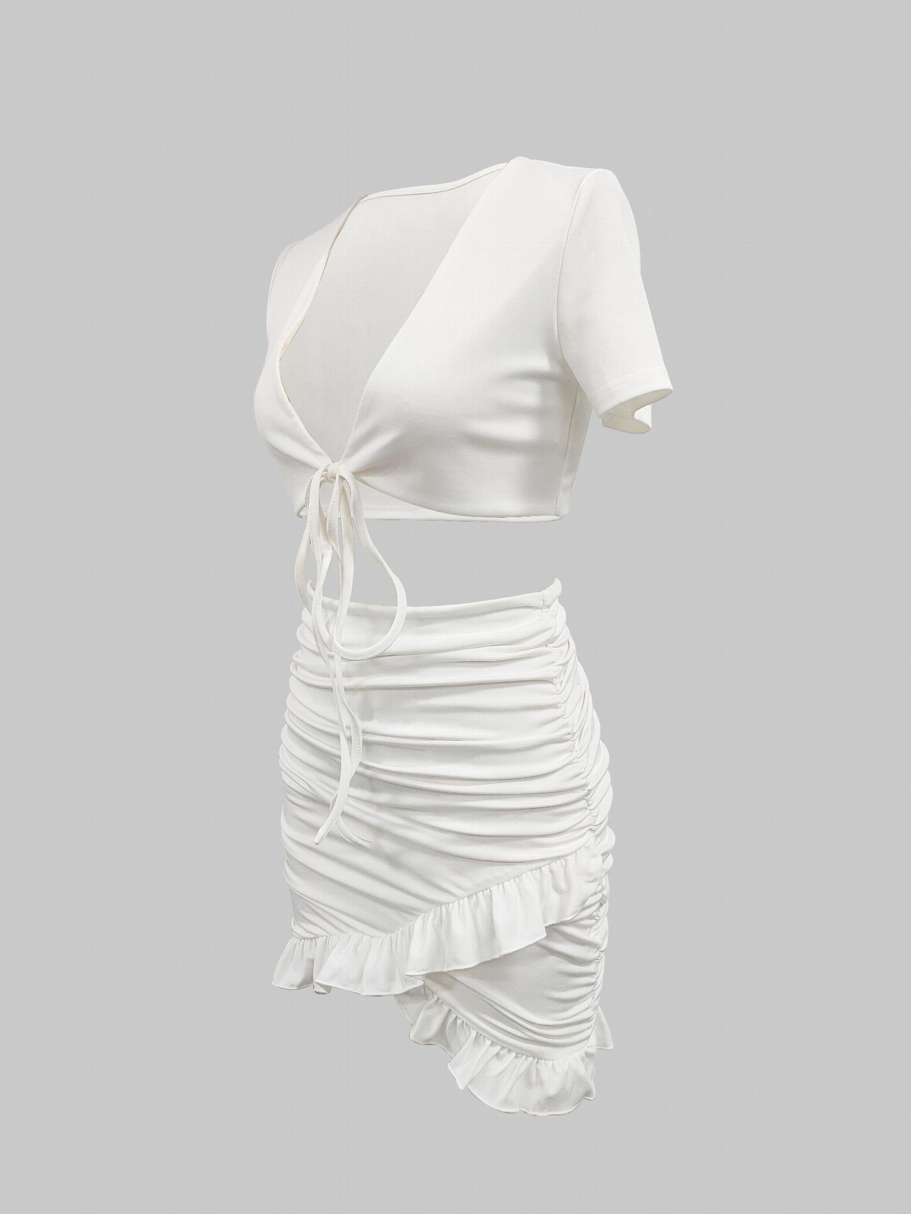 Casual Tie Front Short Sleeve Top & Ruched Bag Hip Skirt Set