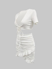 Casual Tie Front Short Sleeve Top & Ruched Bag Hip Skirt Set