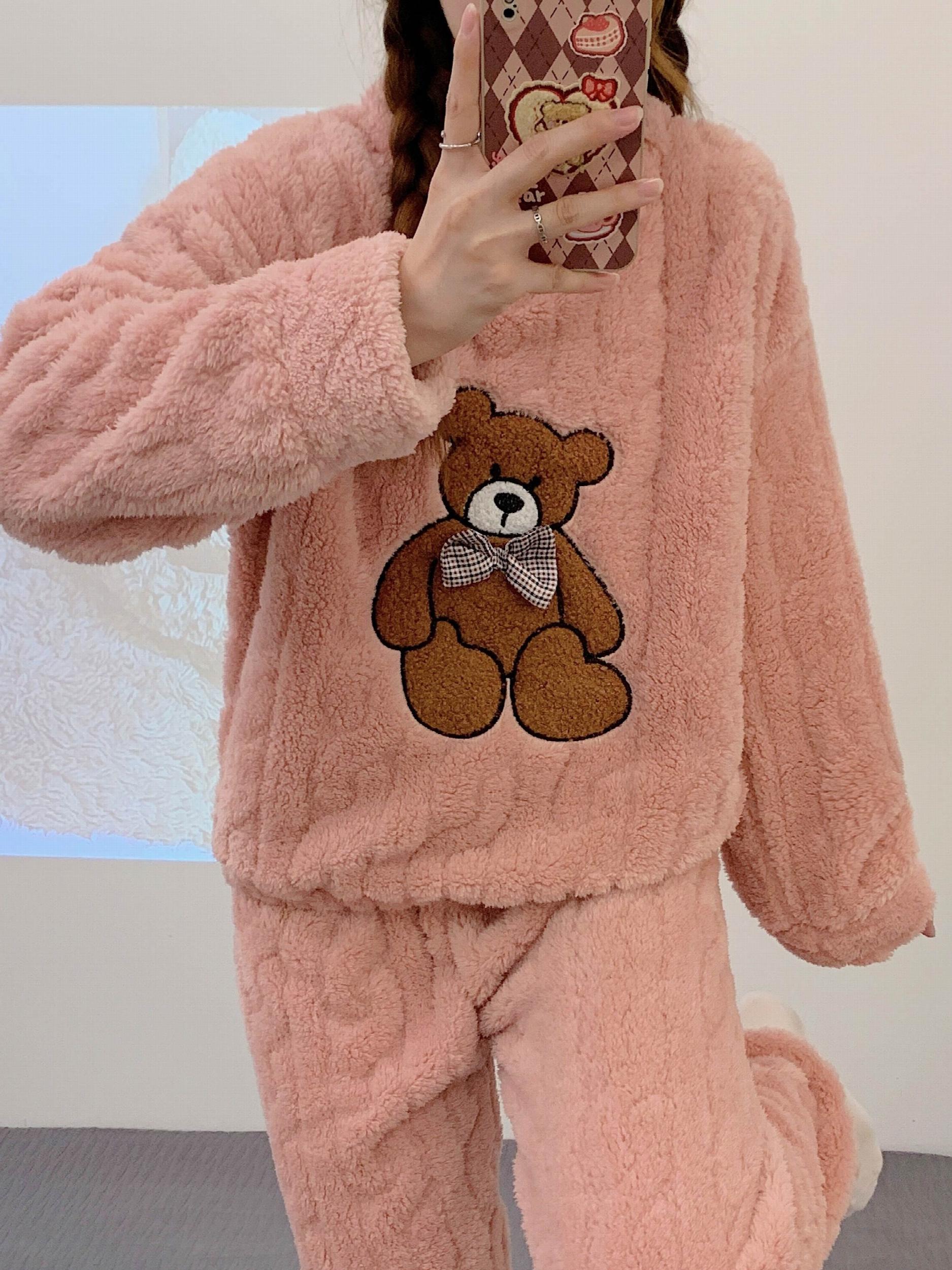 Cartoon Bear Pajama Set Long Sleeve Crew Neck Top & Pants