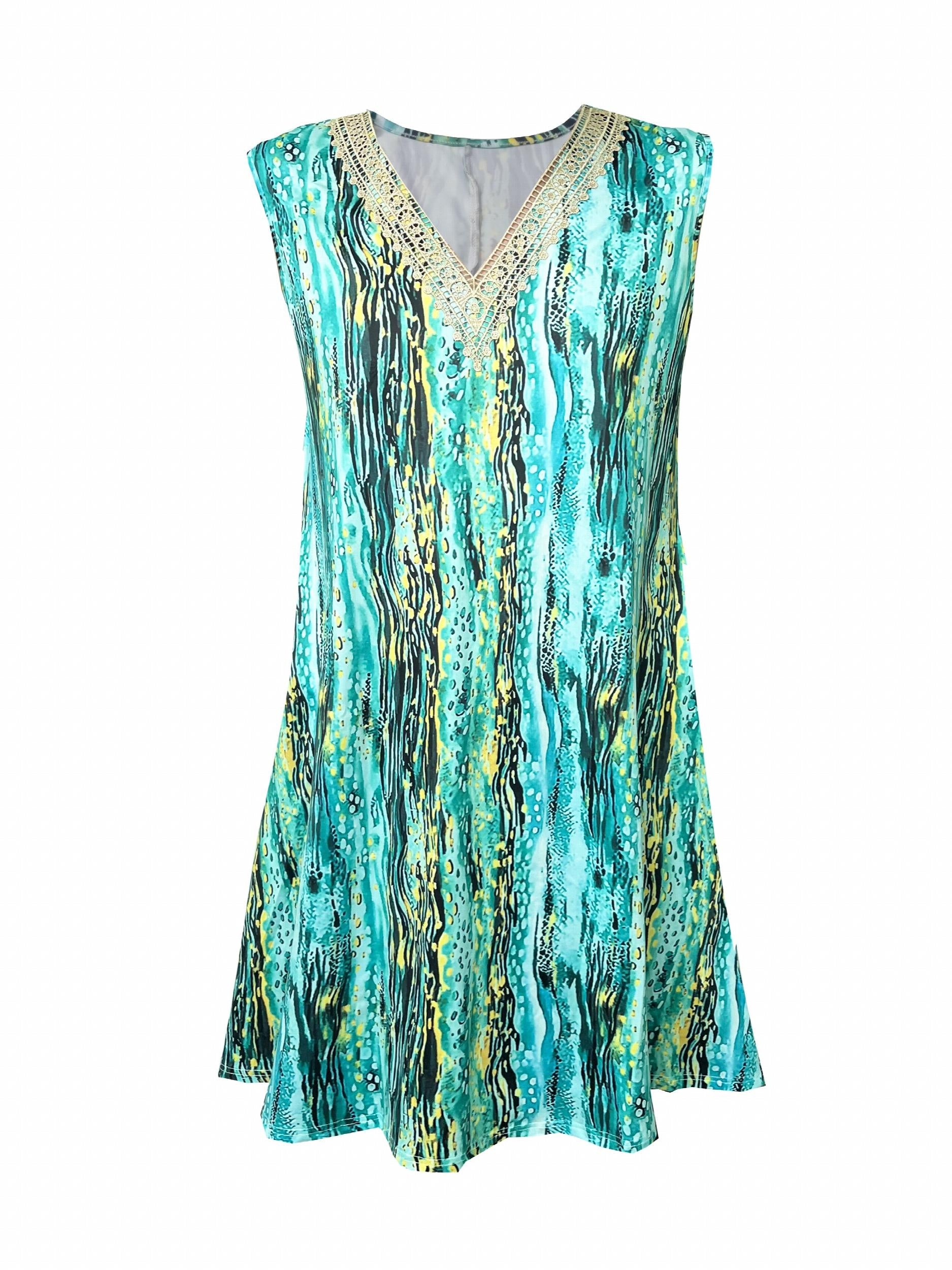 Casual Tank Dress Women's Plus Allover Print Contrast Lace Panel V Nec
