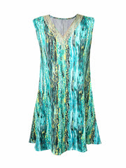 Casual Tank Dress Women's Plus Allover Print Contrast Lace Panel V Nec