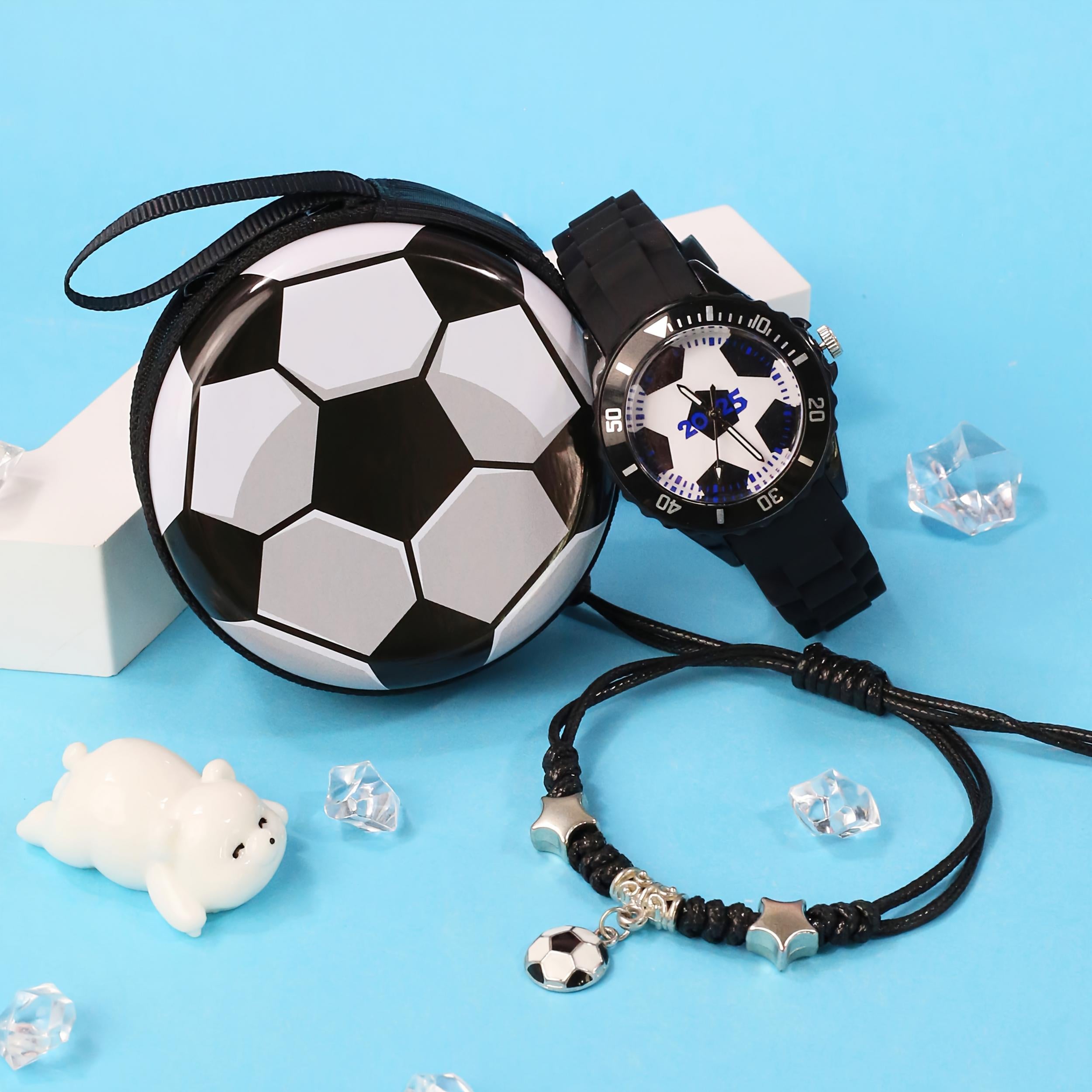 3pcs Boys' Quartz Watch Set Sports Style Soft Silicone Strap Football Watch