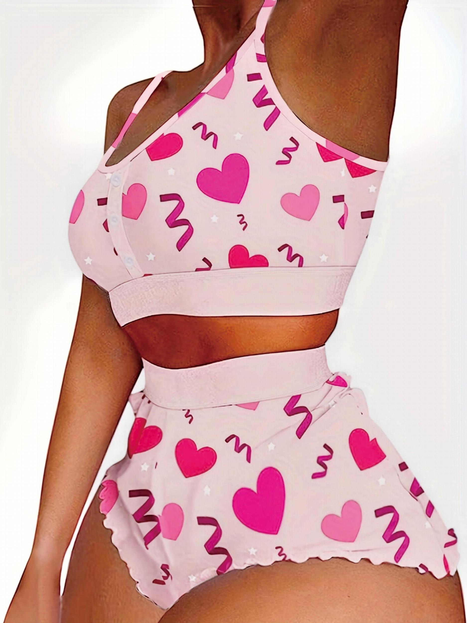 Heart Print Pajama Set Crop Cami Top & Shorts Two Piece Set