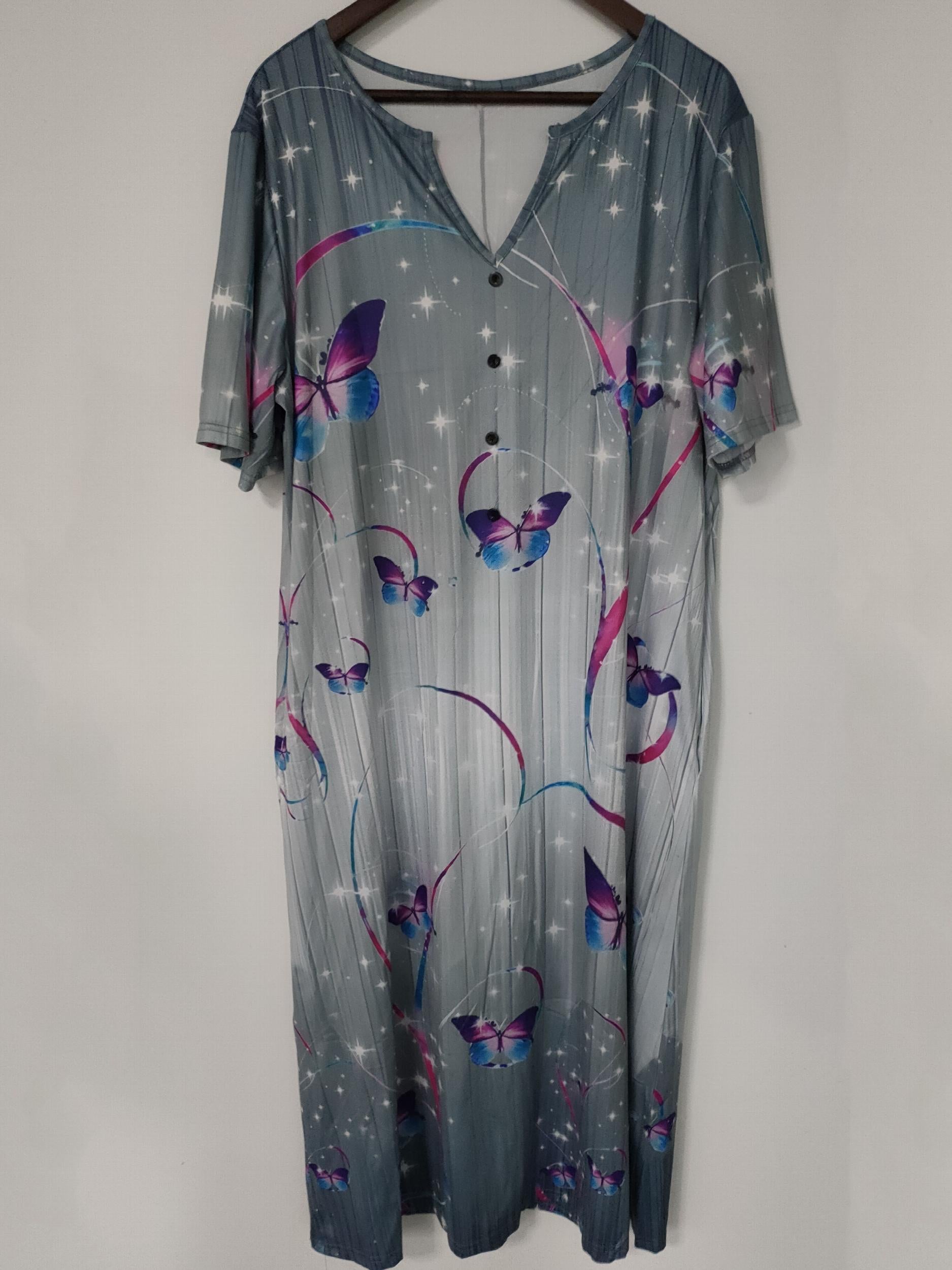 Butterfly Print Short Sleeve Casual Dress with Pockets