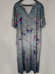 Butterfly Print Short Sleeve Casual Dress with Pockets