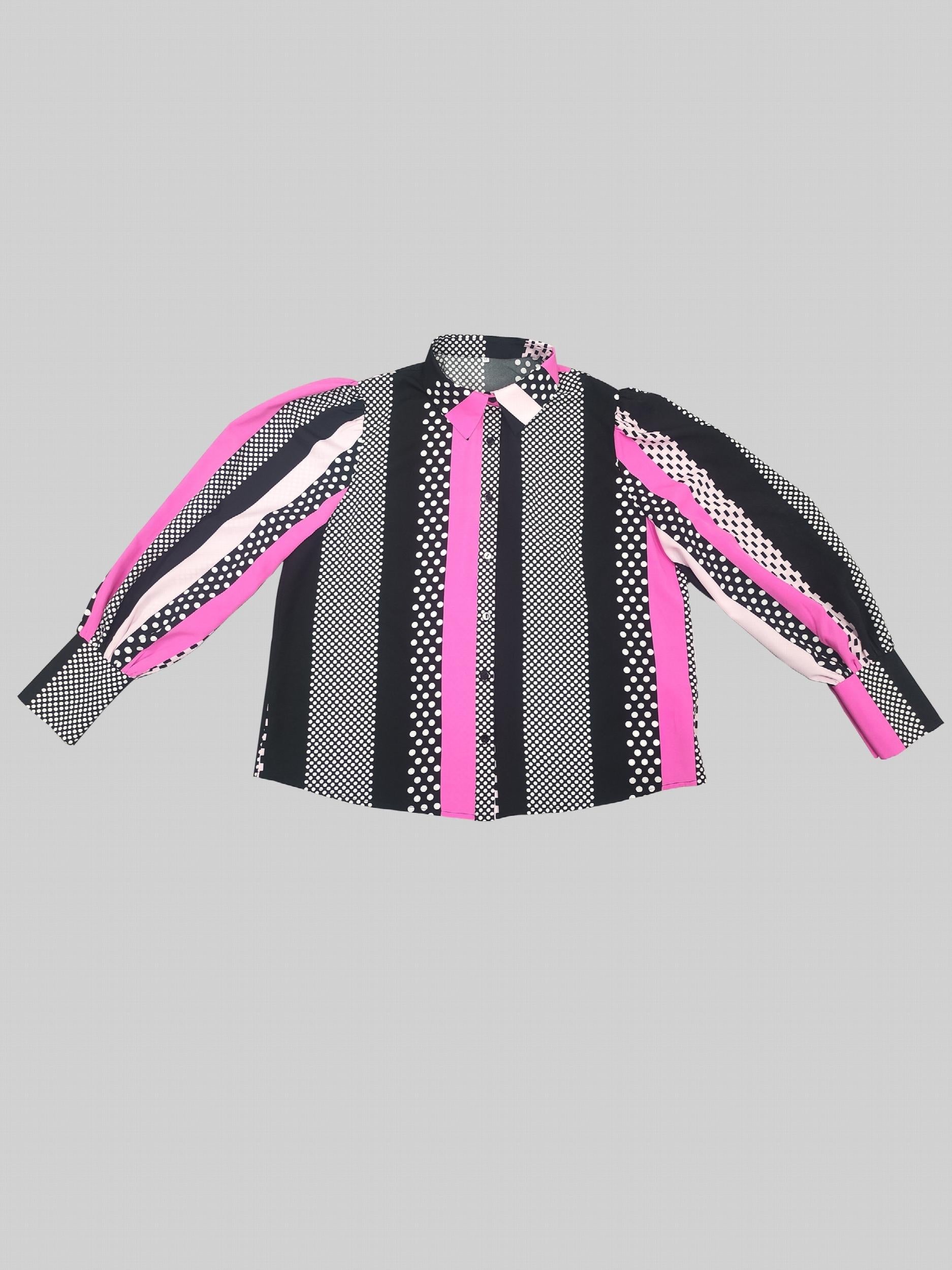 Colorblock Dot Print Button Up Lantern Sleeve Blouse