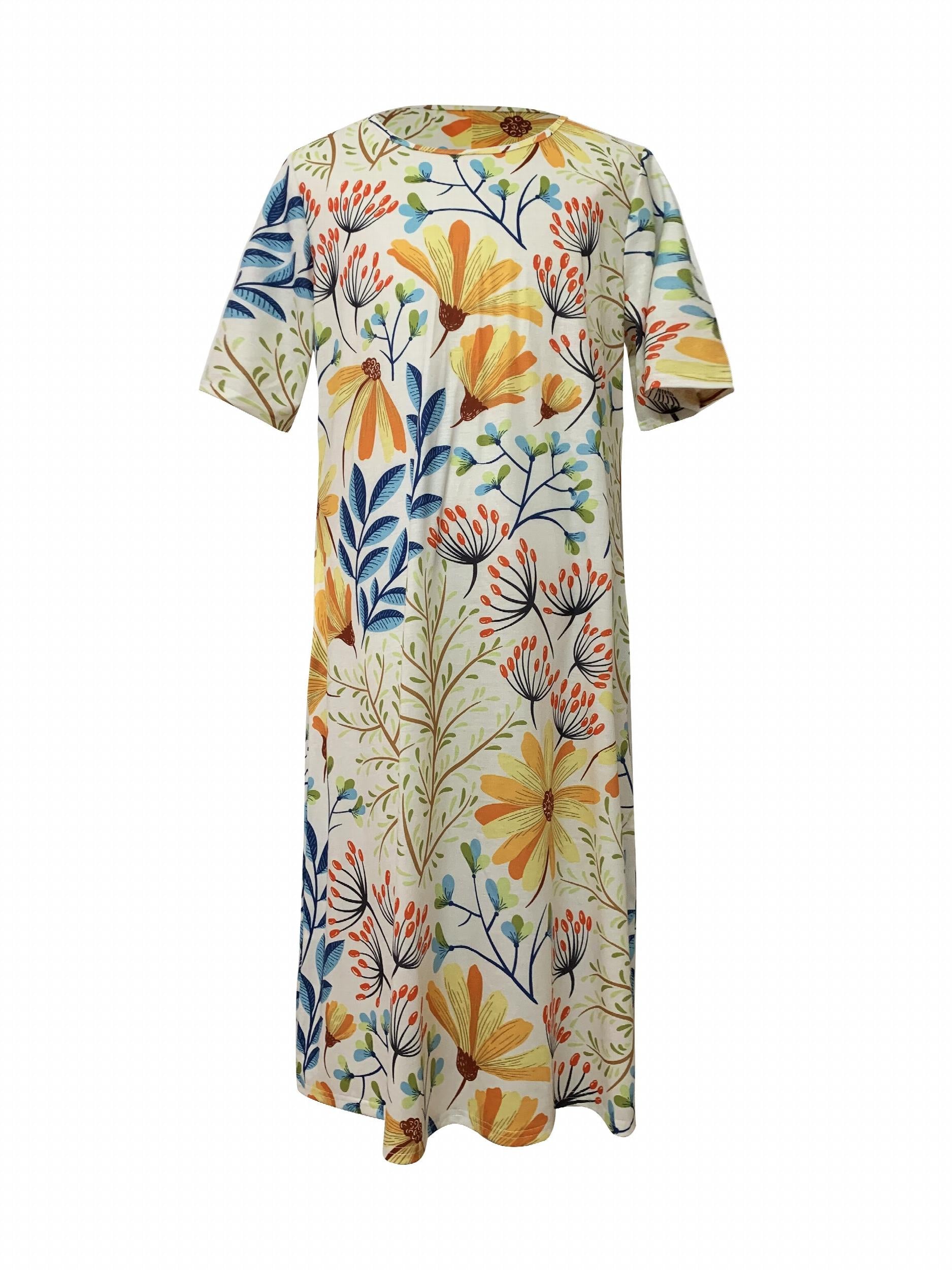 Retro Dress Women's Plus Floral Print Short Sleeve Dress