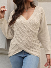 Cable Knit Wrap Cross V Neck Jumper