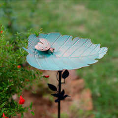 Leaf Shaped Metal Bird Bathtub with Ladybug Carving & Stake