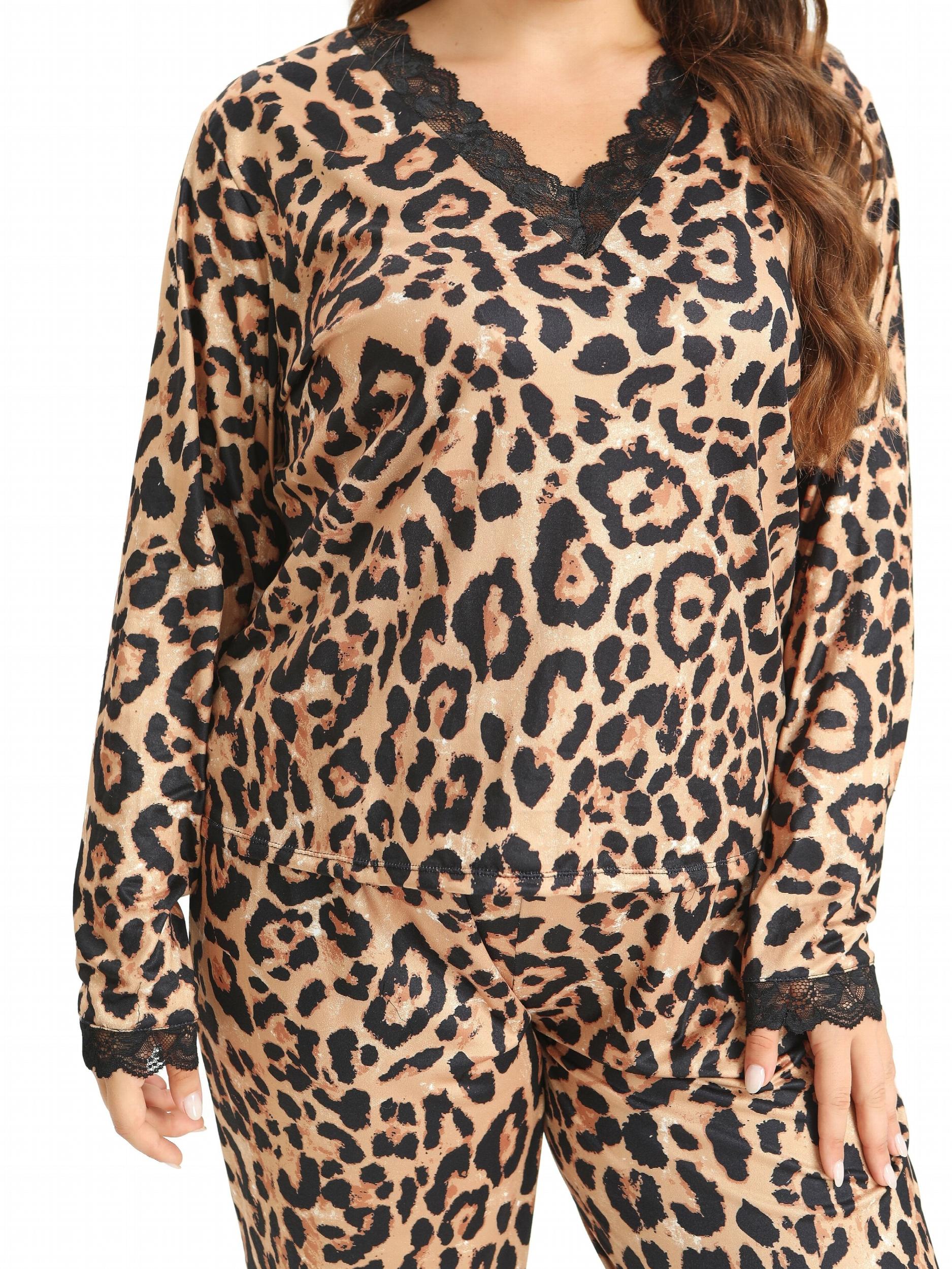 Sexy Pajama Set Leopard Print Lace Trim Top & Pants Two Piece