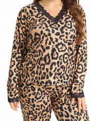 Sexy Pajama Set Leopard Print Lace Trim Top & Pants Two Piece