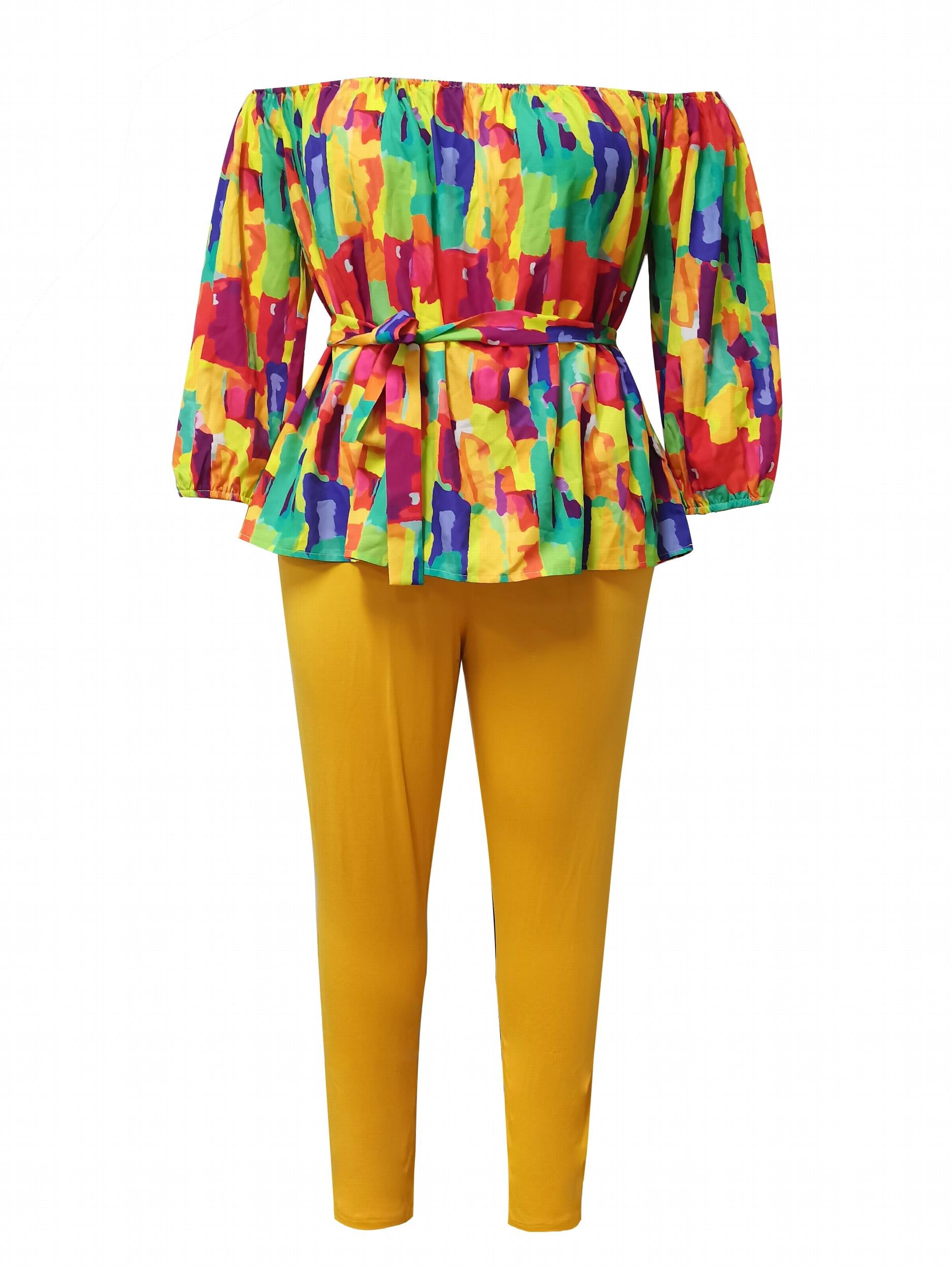 Women's Plus Painting Print Off Shoulder Top & Leggings Set
