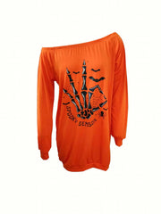 Halloween Skull Hand Print Off Shoulder Dress