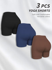 3pcs Ribbed Solid Yoga Sports Shorts High Waist