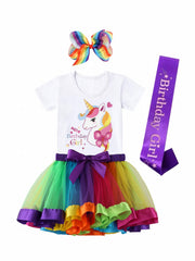 Toddler Girls Rainbow Unicorn T Shirt & Mesh Tutu Skirt Set For Birthday Party