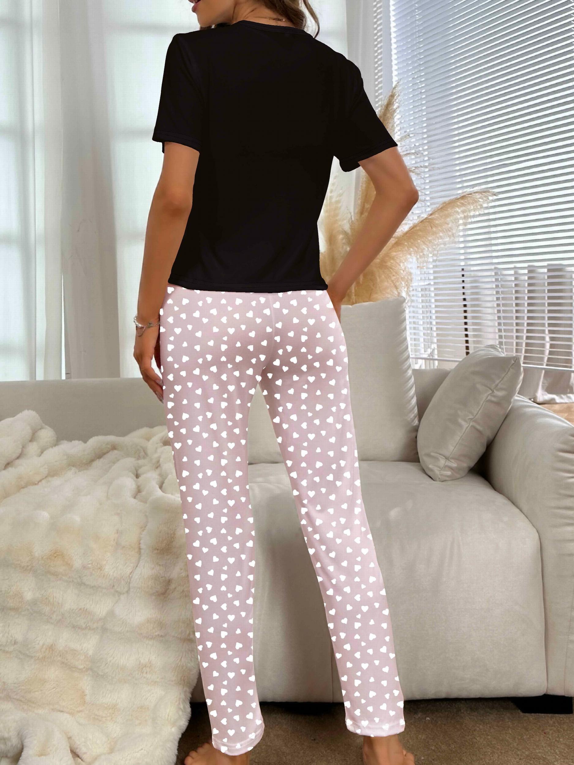 Heart Print Pajama Set Short Sleeve Crew Neck Top & Pants