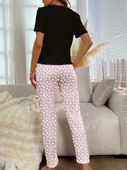 Heart Print Pajama Set Short Sleeve Crew Neck Top & Pants