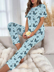 Butterfly Print Pajama Set Short Sleeve Top & Elastic Waistband Pants