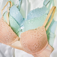 3pcs Lace Plunge Push Up Bras Front Buckle Women's Lingerie