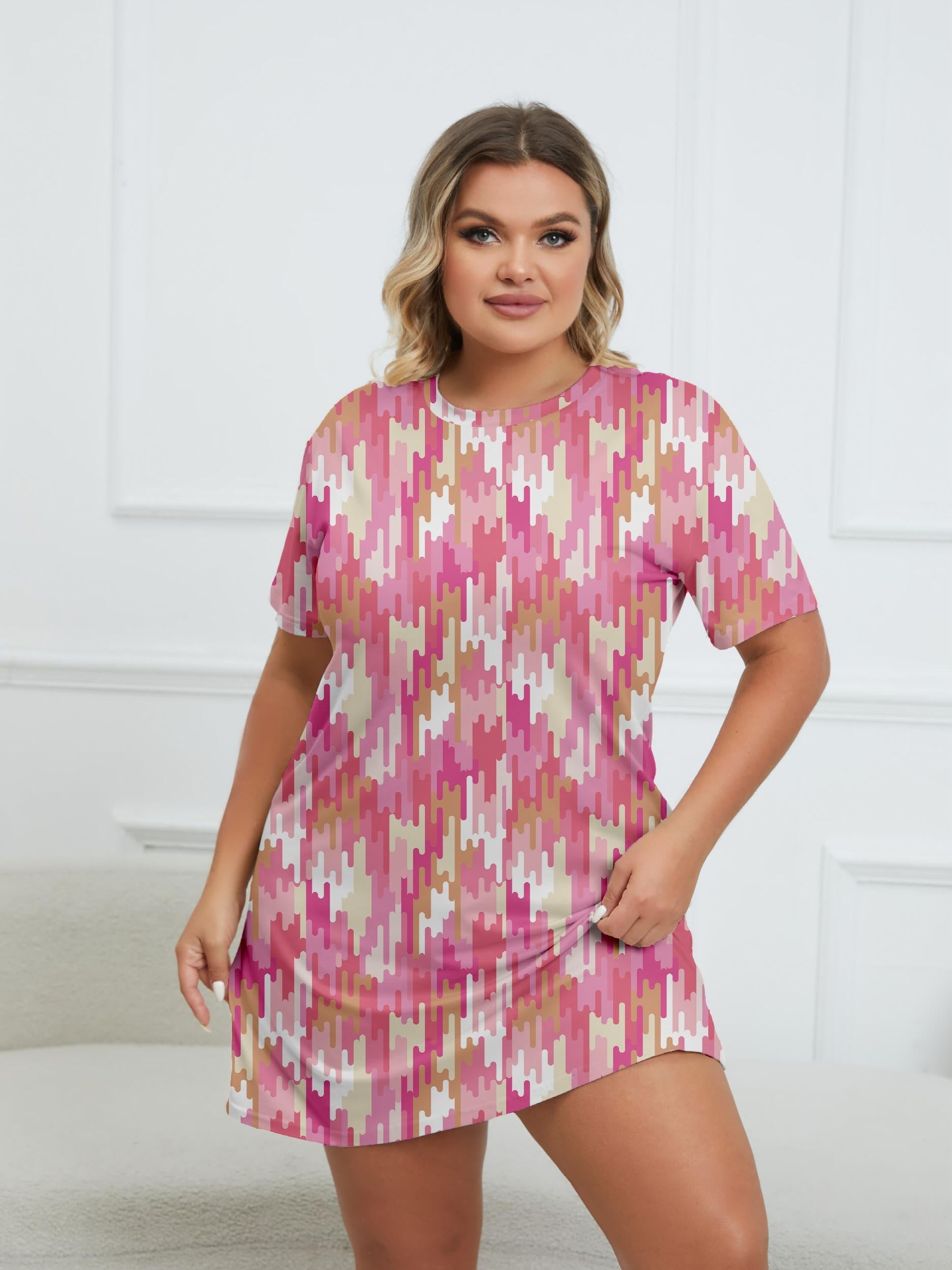 Geo Print Round Neck Short Sleeve Dress
